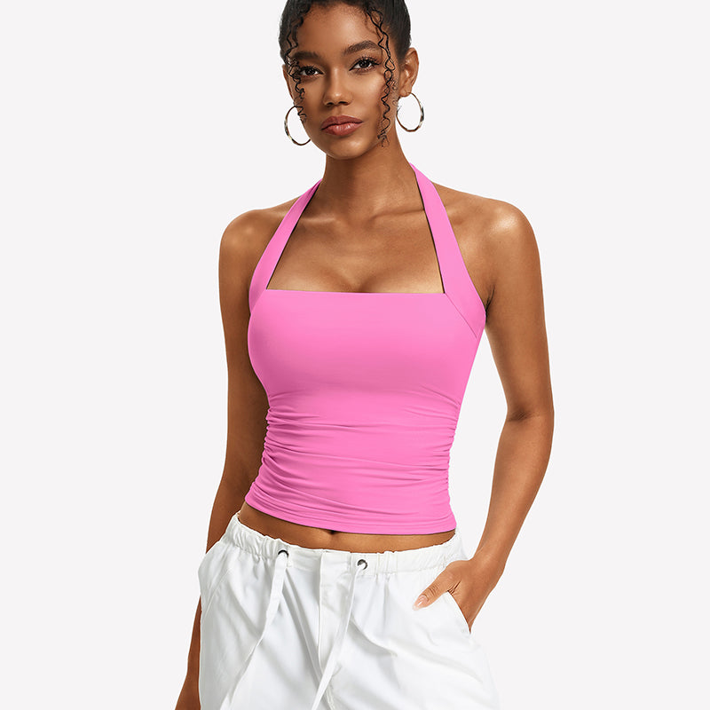 Pink ruched halter tank top with square neckline