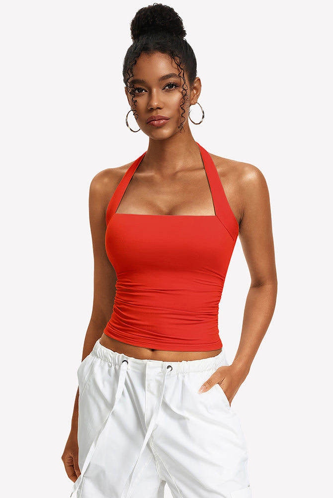 Red ruched halter tank top with square neckline