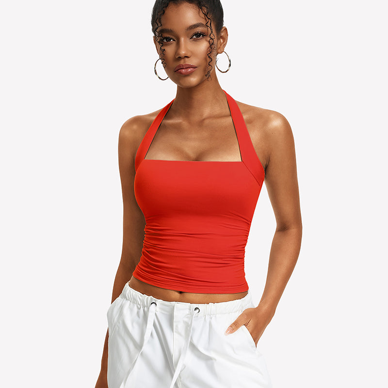 Red ruched halter tank top with square neckline