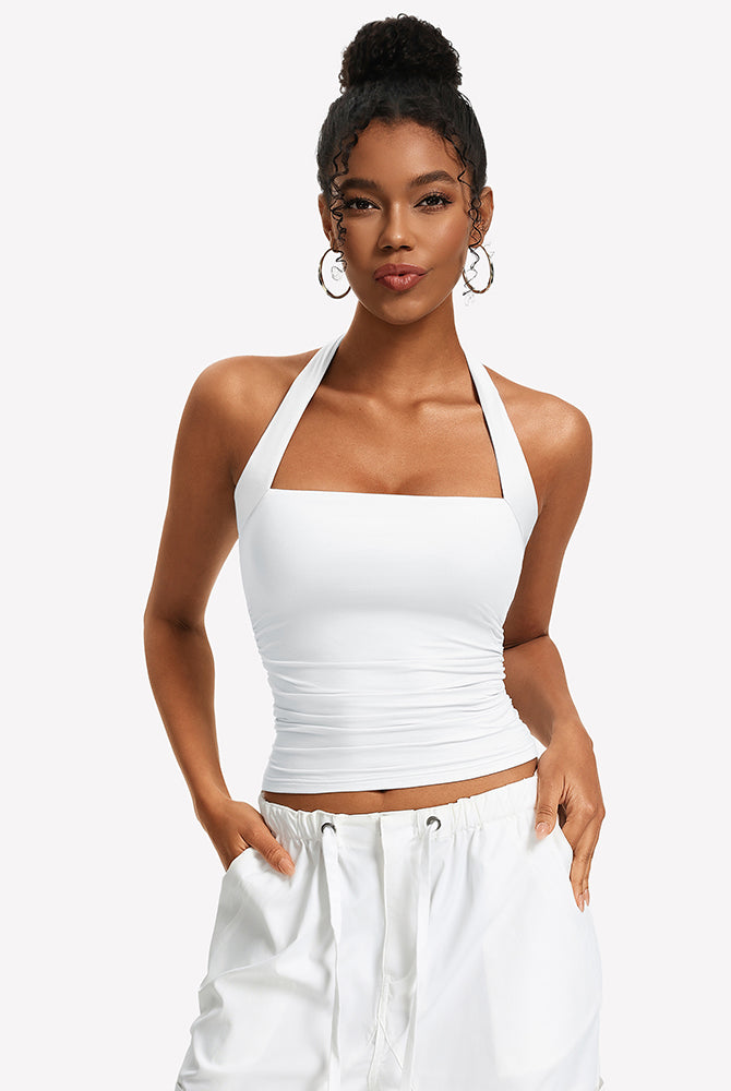 Square-neck ruched halter tank top, white with ruched center front