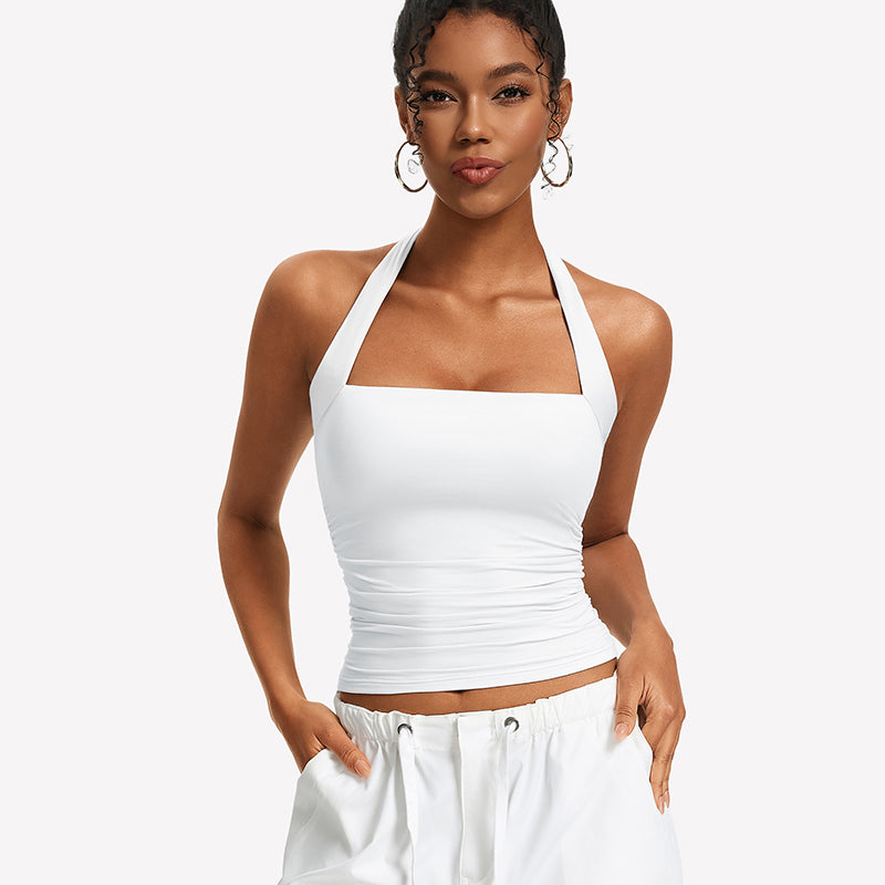 Square-neck ruched halter tank top, white with ruched center front