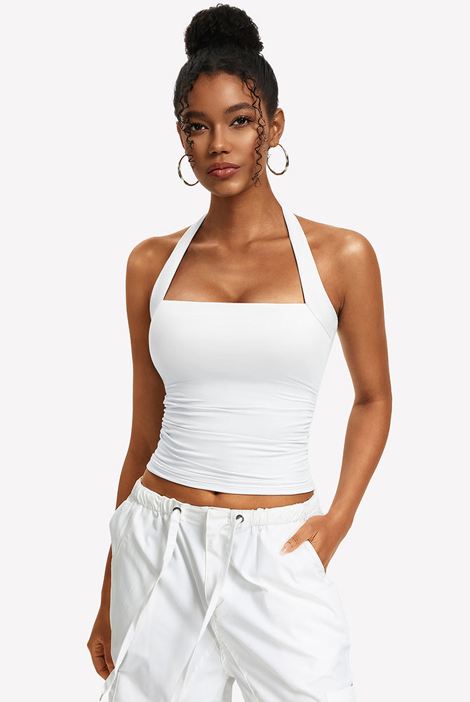 Square-neck ruched halter tank top, white with gathered front