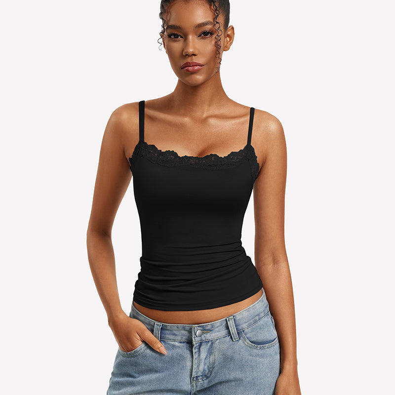 Lace Trim Camisole ¡§C Square Neck Slim Fit Going Out Tank Top