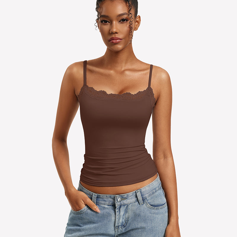 Lace Trim Camisole ¡§C Square Neck Slim Fit Going Out Tank Top