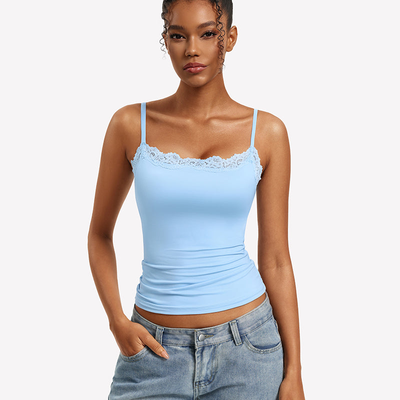 Lace Trim Camisole ¡§C Square Neck Slim Fit Going Out Tank Top
