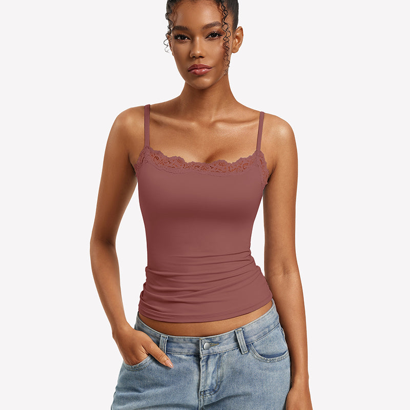 Lace Trim Camisole ¡§C Square Neck Slim Fit Going Out Tank Top