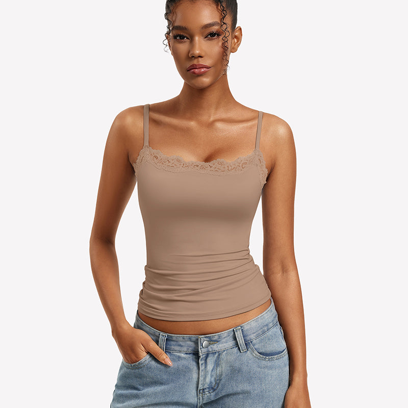 Lace Trim Camisole ¡§C Square Neck Slim Fit Going Out Tank Top
