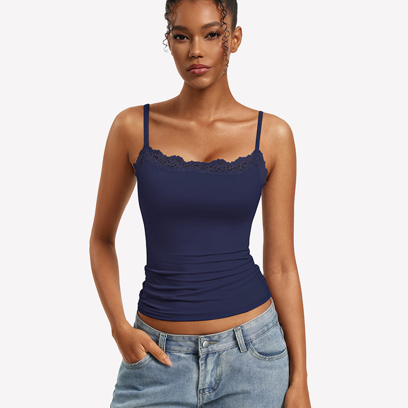 Lace Trim Camisole ¡§C Square Neck Slim Fit Going Out Tank Top