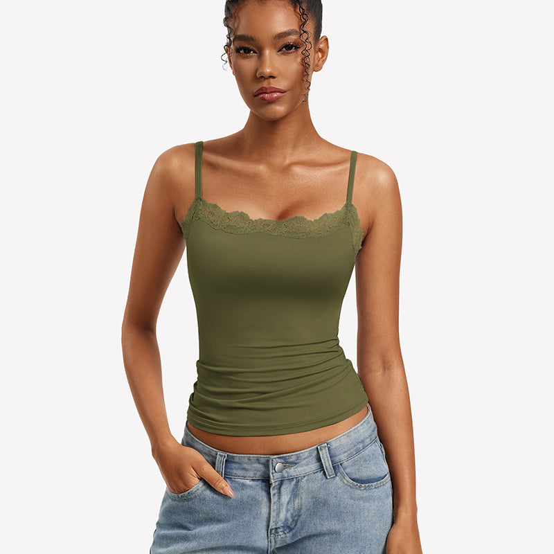 Lace Trim Camisole ¡§C Square Neck Slim Fit Going Out Tank Top
