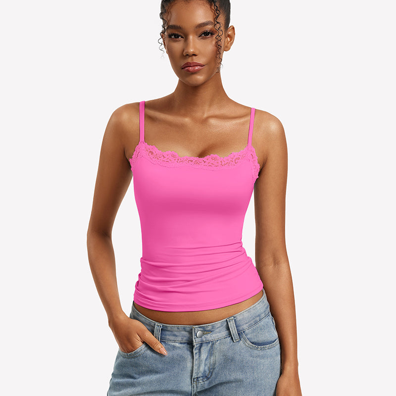 Lace Trim Camisole ¡§C Square Neck Slim Fit Going Out Tank Top