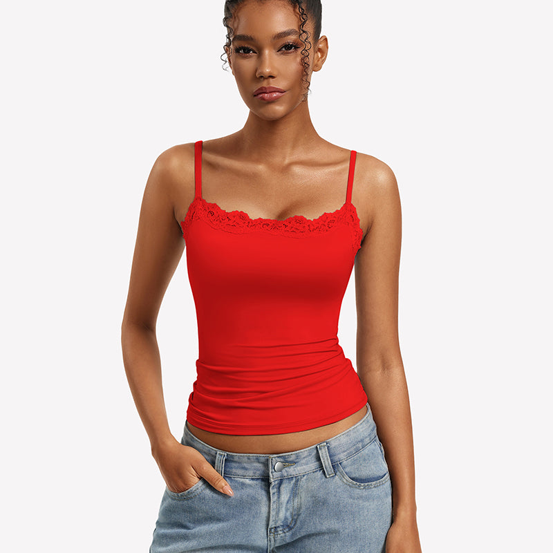 Lace Trim Camisole ¡§C Square Neck Slim Fit Going Out Tank Top