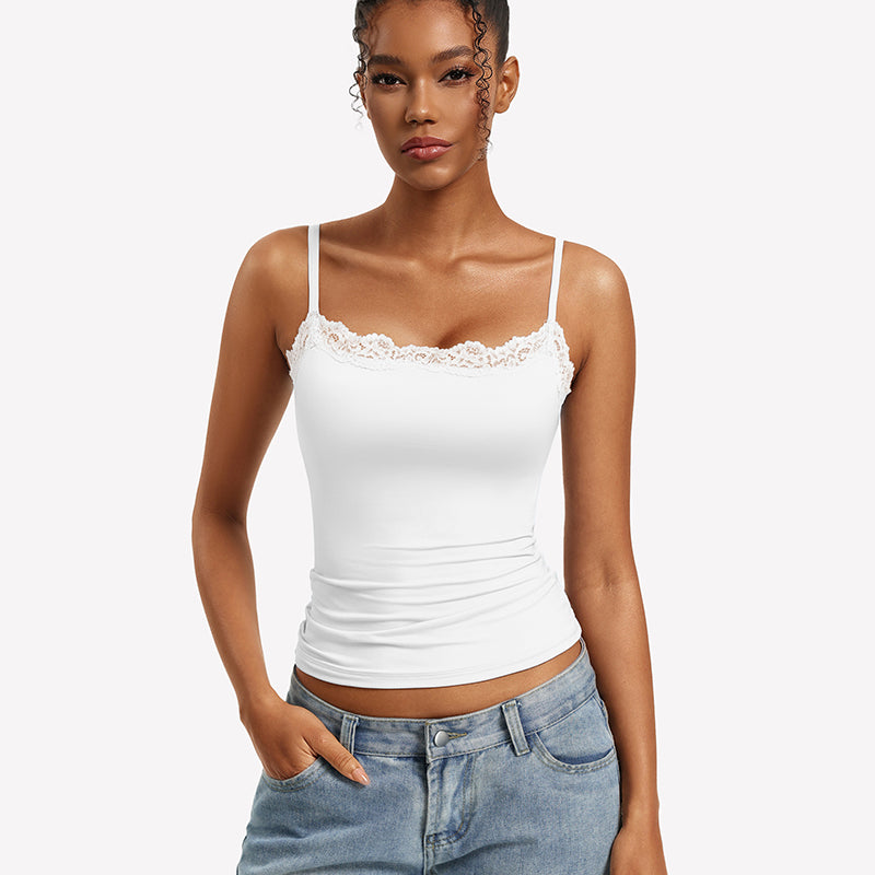 Lace Trim Camisole ¡§C Square Neck Slim Fit Going Out Tank Top