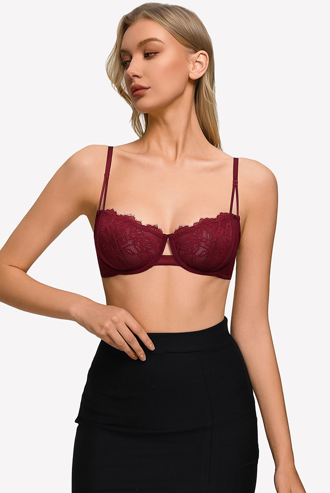 Floral lace underwire bra in dark red with sheer unlined cups and thin adjustable straps