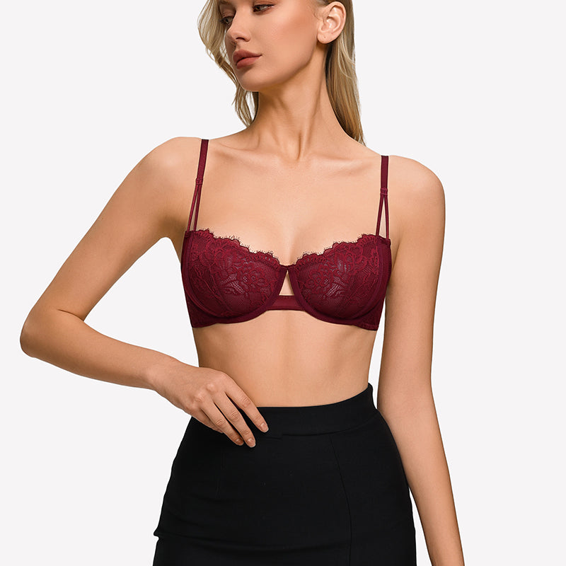Floral lace underwire bra in dark red with sheer unlined cups and thin adjustable straps