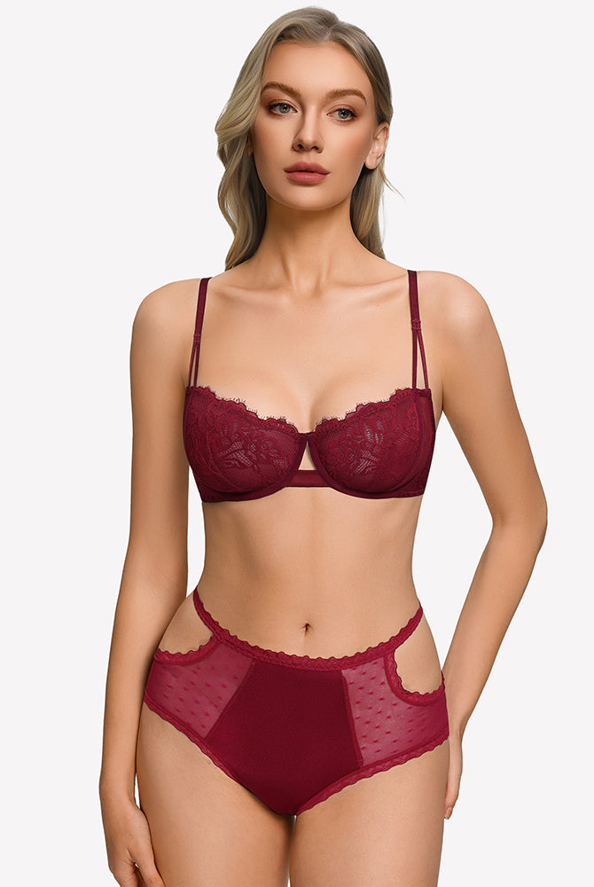 Floral lace unlined bra with sheer mesh, burgundy