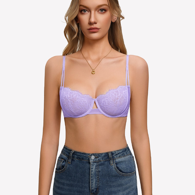 Floral lace underwire bra in lilac with sheer unlined cups and thin adjustable straps