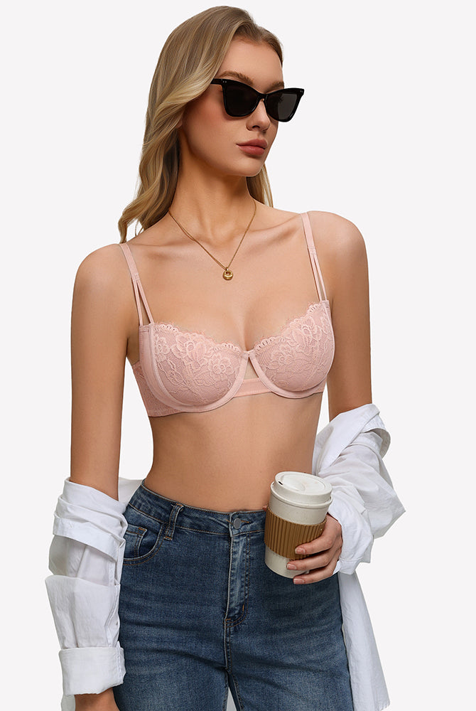 Floral lace underwire bra in blush with sheer unlined cups and thin adjustable straps