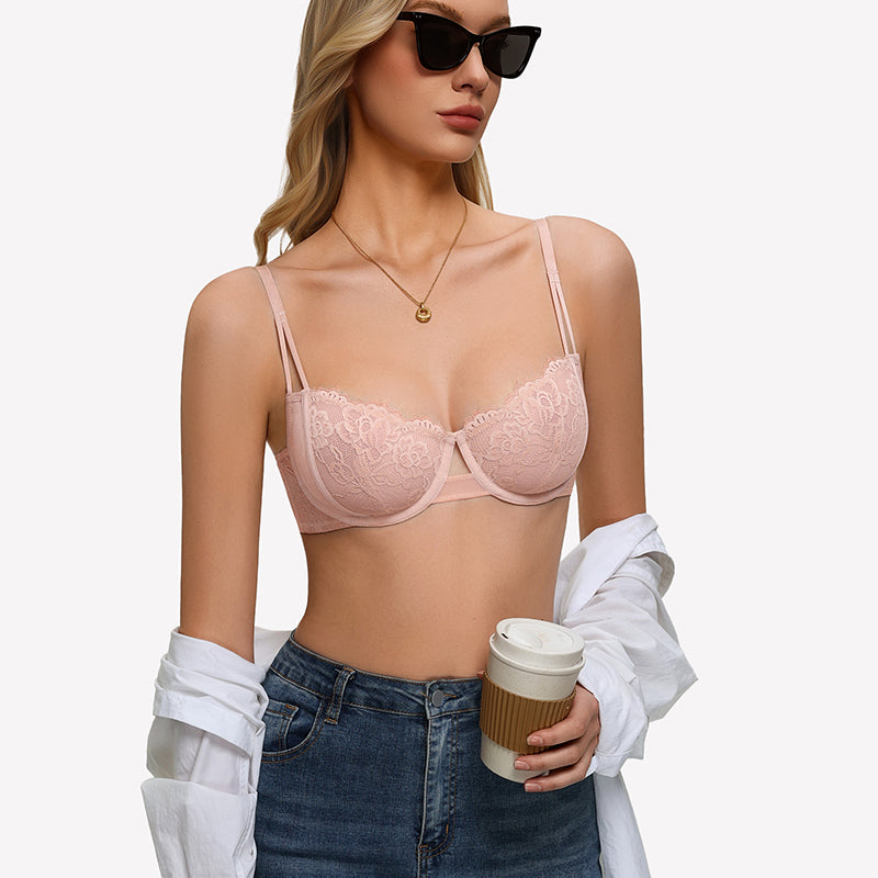 Floral lace underwire bra in blush with sheer unlined cups and thin adjustable straps