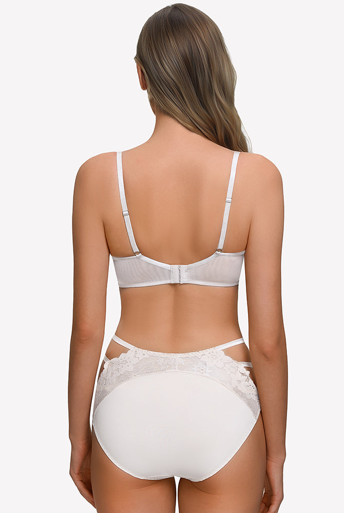 Floral lace unlined bra back with sheer mesh, white
