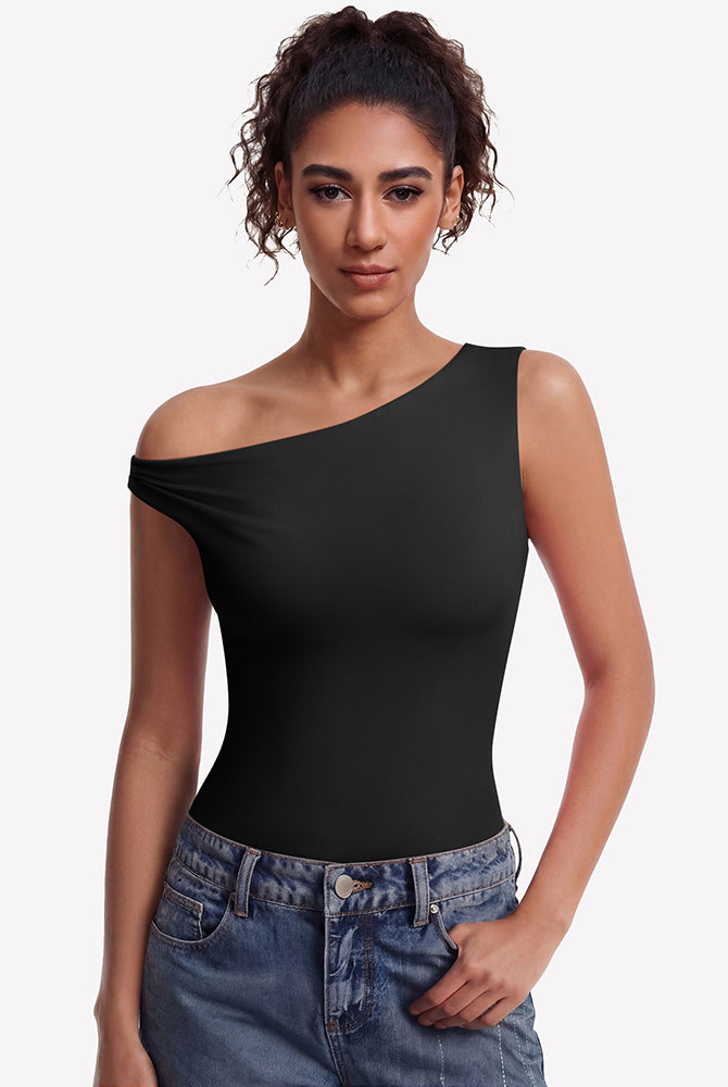 Black off-shoulder bodysuit with asymmetric one-shoulder neckline