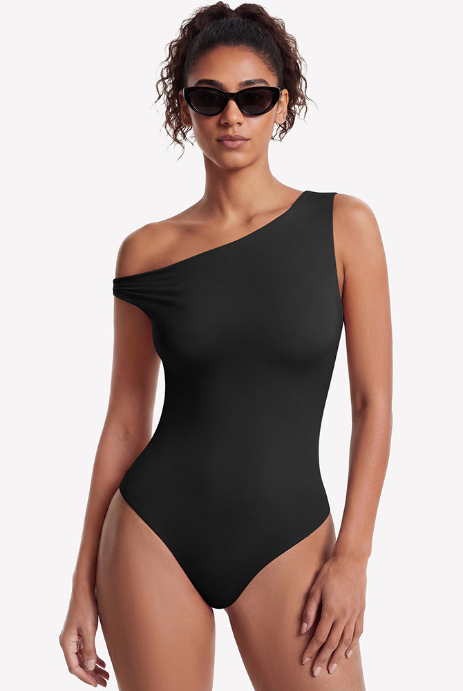 Black off-shoulder bodysuit with asymmetric one-shoulder neckline