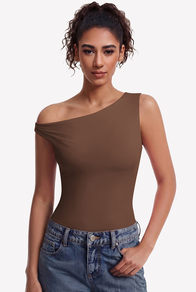 Double-lined off-shoulder bodysuit top, brown asymmetric neckline