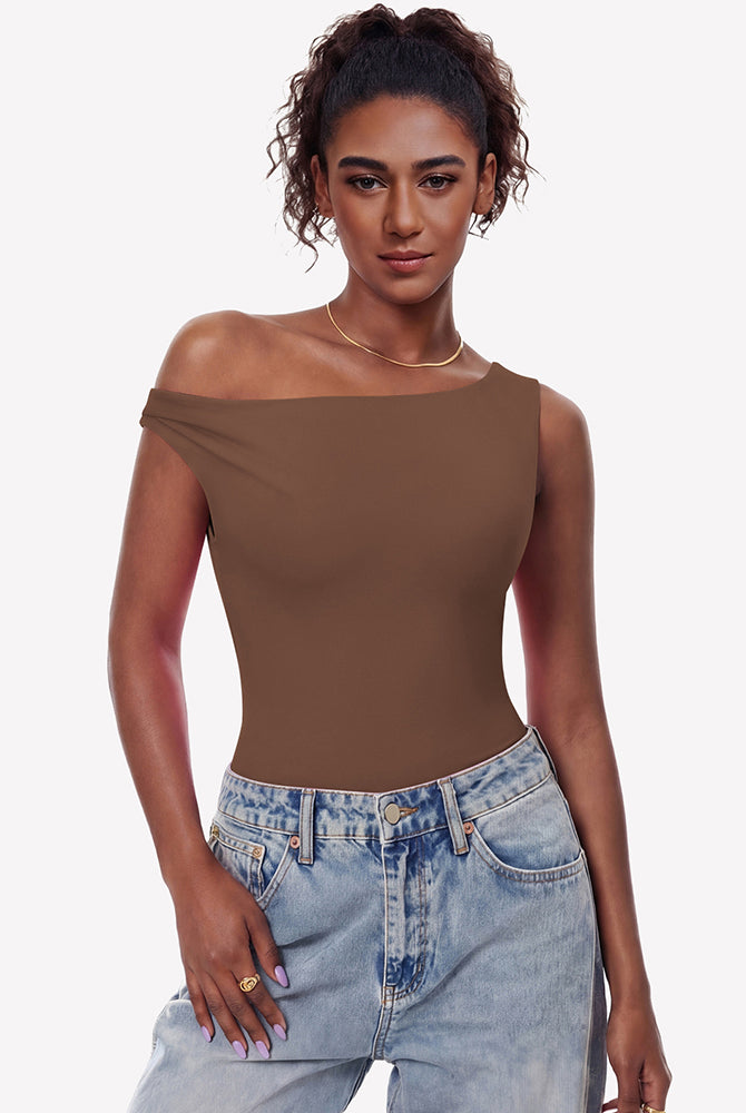 Double-lined off-shoulder bodysuit top, brown asymmetric one-shoulder style