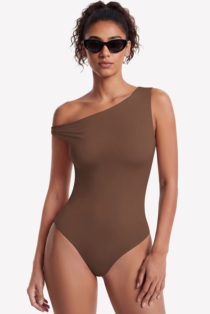 Brown off-shoulder bodysuit with asymmetric one-shoulder neckline