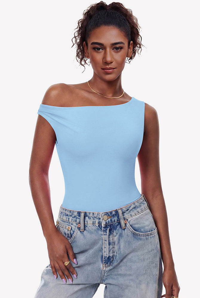 Double-lined off-shoulder bodysuit top, light blue asymmetric neckline