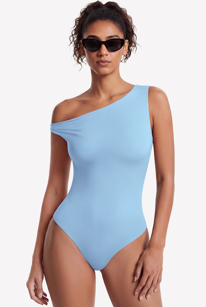 Light blue off-shoulder bodysuit with asymmetric one-shoulder neckline
