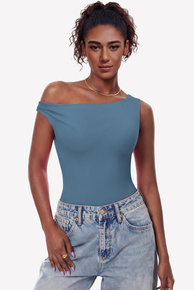 Double-lined off-shoulder bodysuit top, blue asymmetric one-shoulder neckline