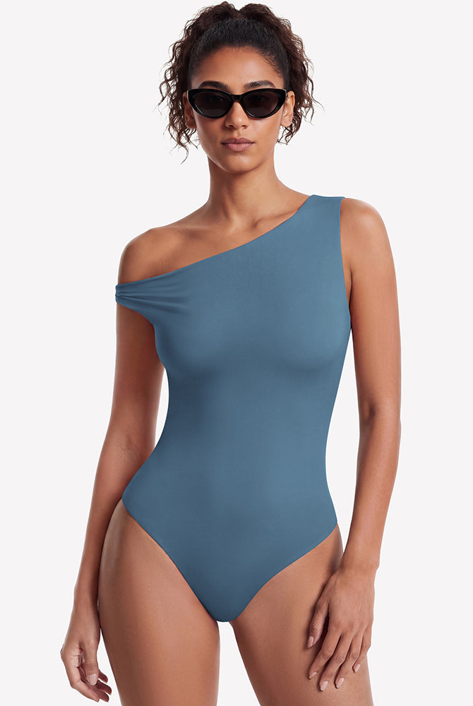 Dark blue off-shoulder bodysuit with asymmetric one-shoulder neckline