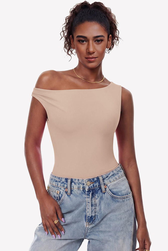 Double-lined off-shoulder bodysuit top, beige asymmetric neckline