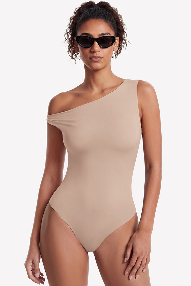 Khaki off-shoulder bodysuit with asymmetric one-shoulder neckline