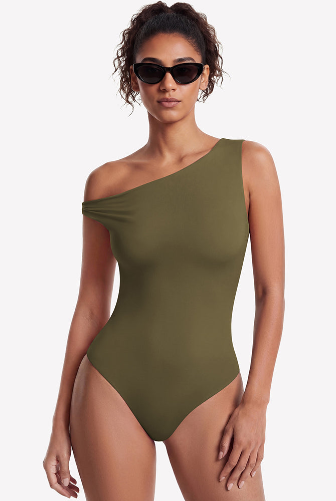 Olive green off-shoulder bodysuit with asymmetric one-shoulder neckline
