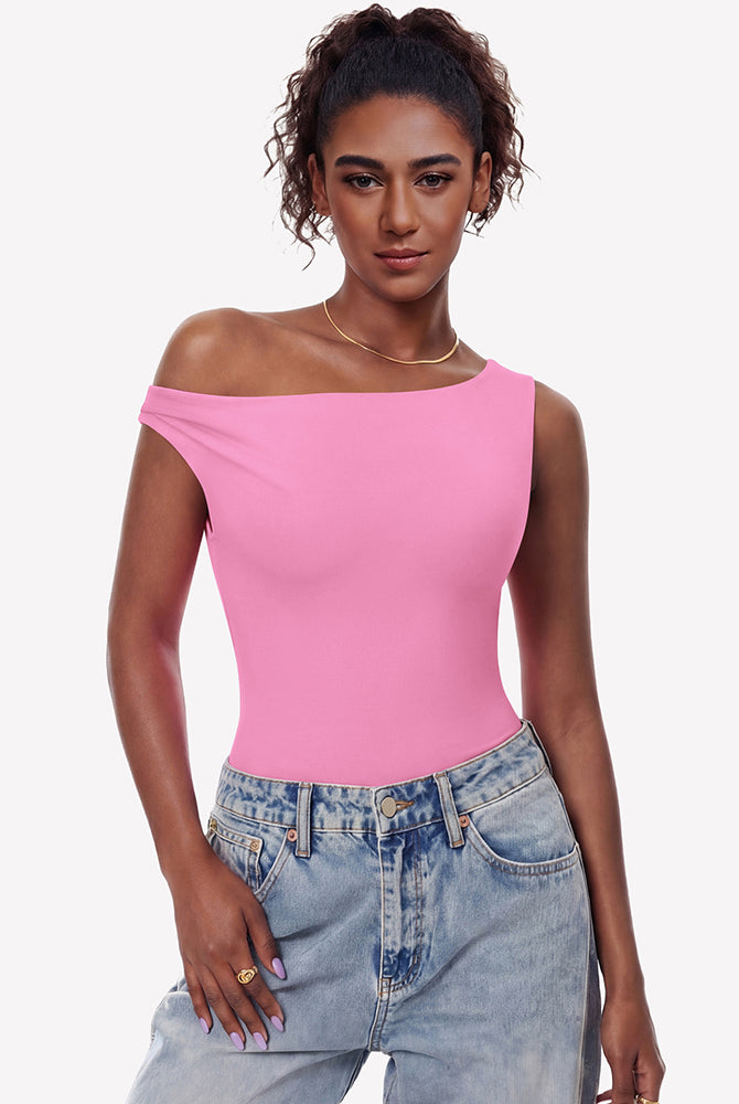 Double-lined off-shoulder bodysuit top, hot pink asymmetric neckline