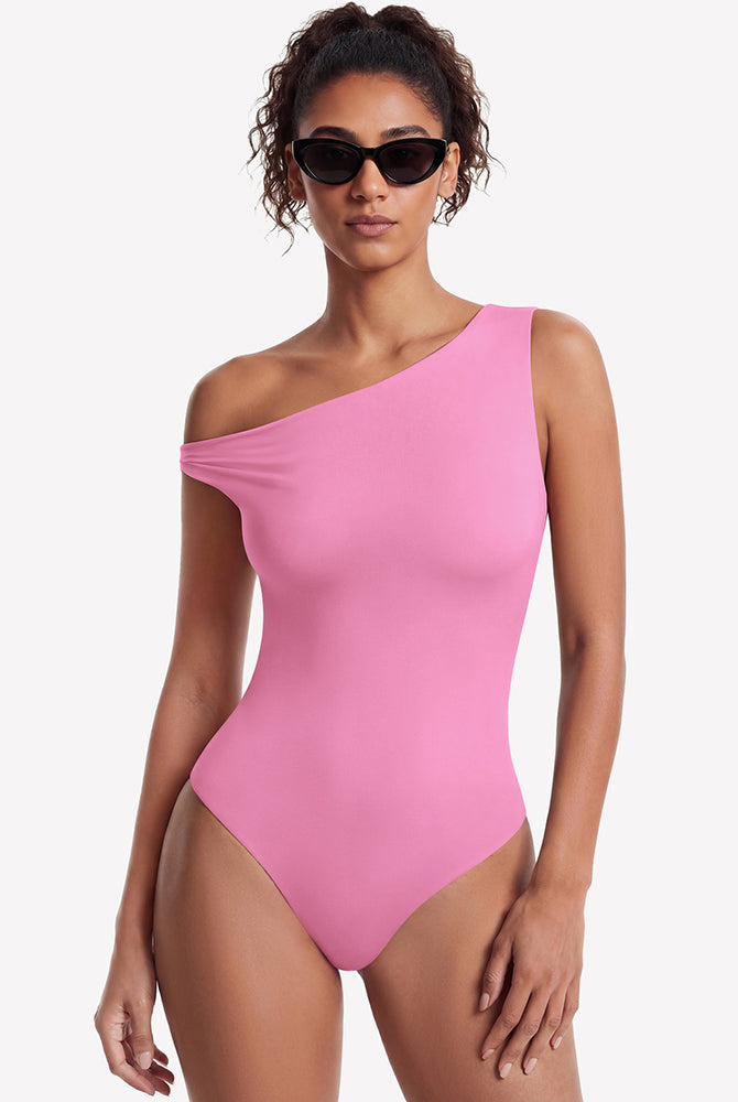 Hot pink off-shoulder bodysuit with asymmetric one-shoulder neckline
