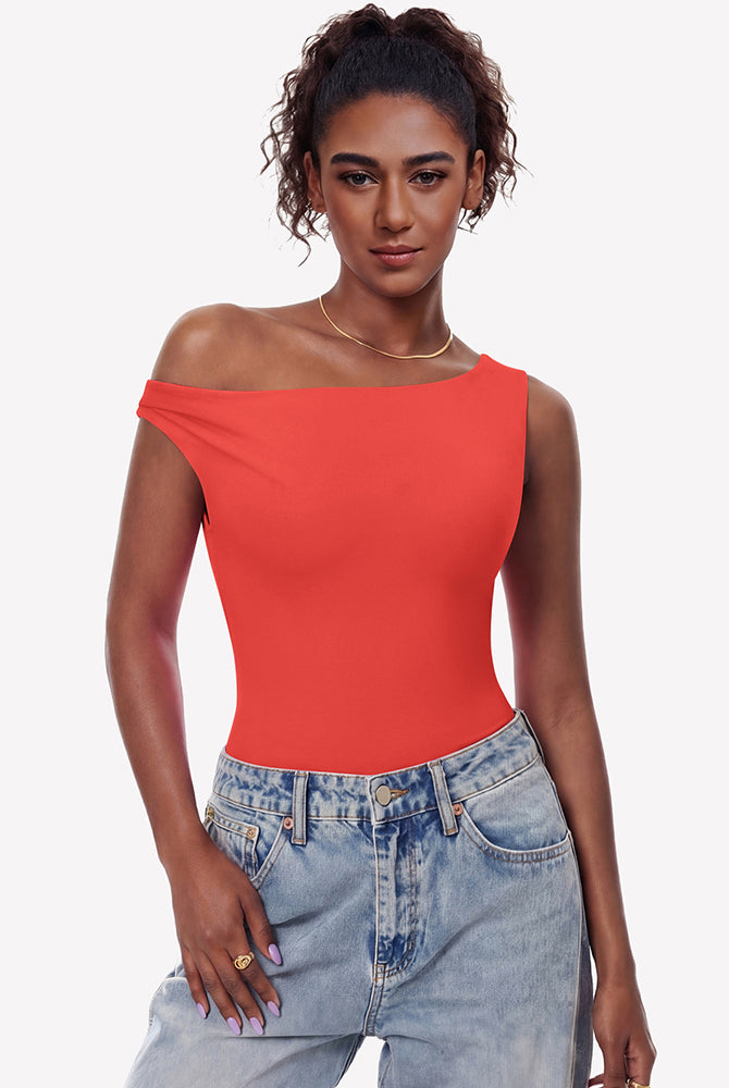 Double-lined off-shoulder bodysuit top, red asymmetric neckline