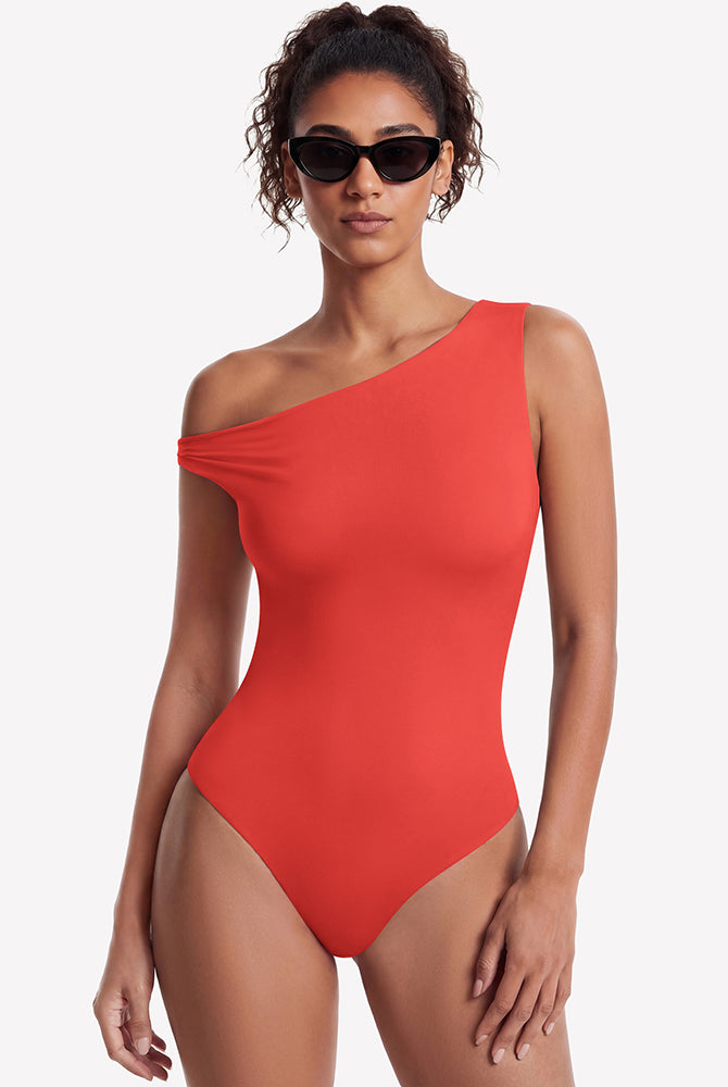 Red off-shoulder bodysuit with asymmetric one-shoulder neckline