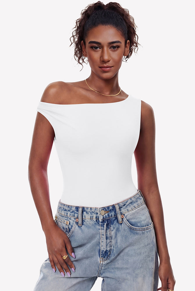 Double-lined off-shoulder bodysuit top, white asymmetric neckline