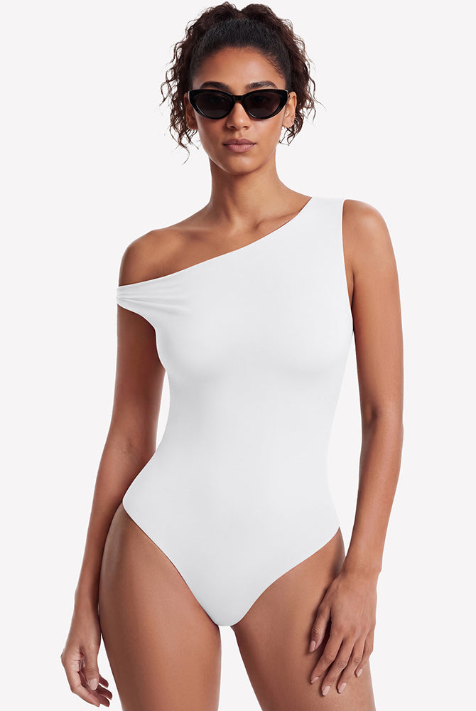 White off-shoulder bodysuit with asymmetric one-shoulder neckline