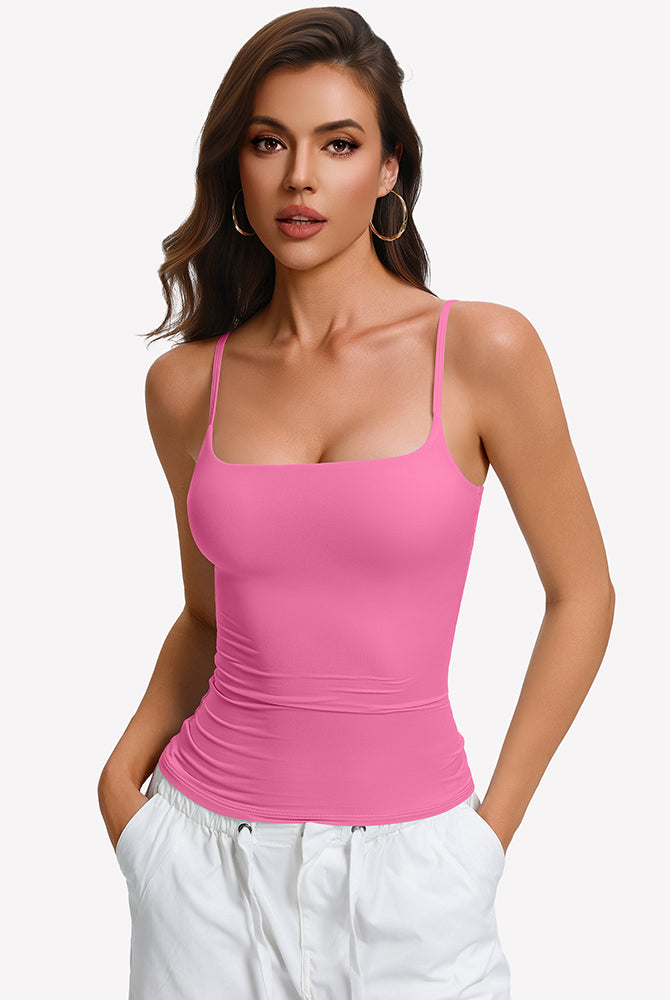 Pink padded cami tank with built-in bra and thin spaghetti straps