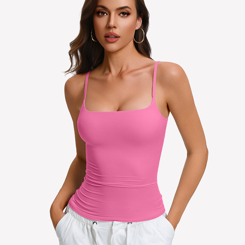 Pink padded cami tank with built-in bra and thin spaghetti straps