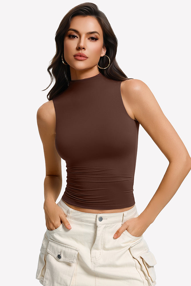 Double-lined fitted mock turtleneck tank top, brown, sleeveless front view
