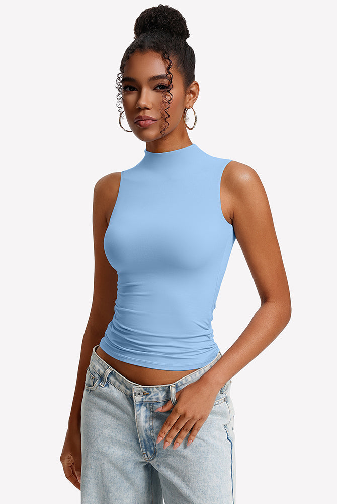 Light blue mock neck sleeveless fitted tank top with gathered waist
