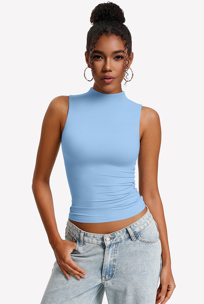 Light blue mock neck fitted tank top with sleeveless cut