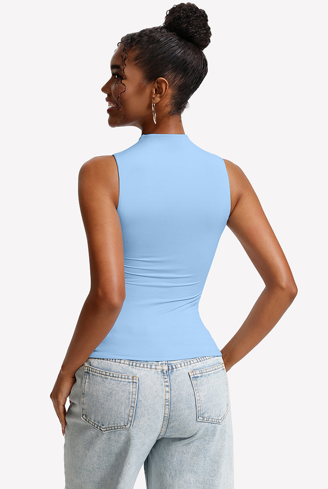 Light blue mock neck sleeveless fitted tank top, back view