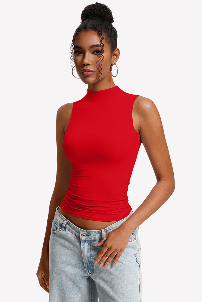 Red mock neck sleeveless fitted tank top with high-cut hem
