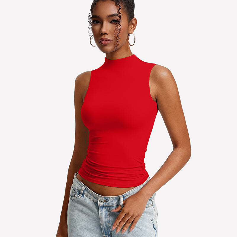 Red mock neck sleeveless fitted tank top with high-cut hem