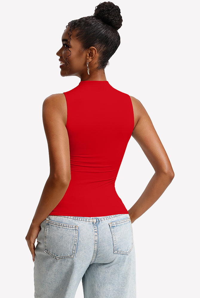 Red mock neck sleeveless fitted tank top, back view